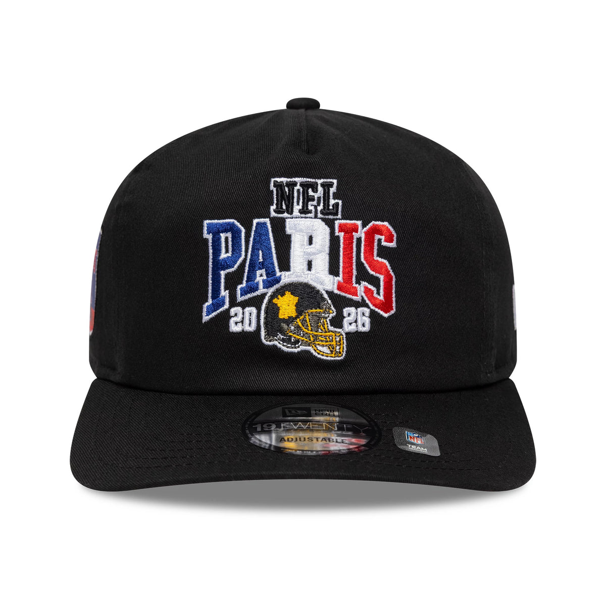 Pittsburgh Steelers NFL International Games 2026 Paris Black New Era 19TWENTY Adjustable Cap, front view showing the NFL Paris logo in blue, white, and red embroidery on the front panel, with a gold and black Steelers logo.