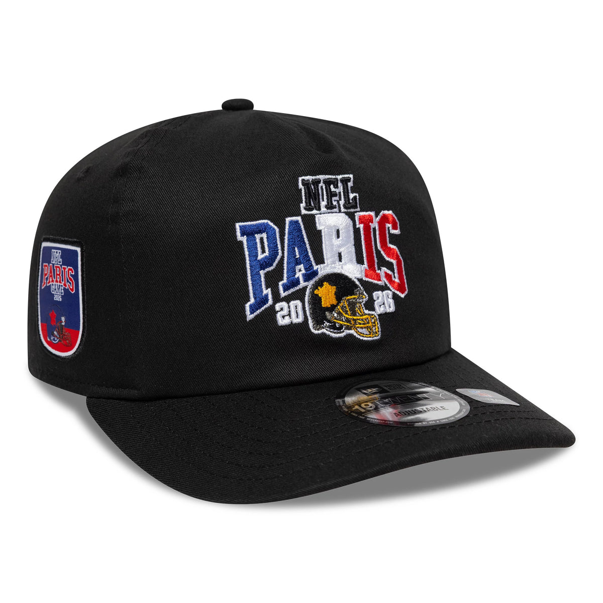 Pittsburgh Steelers NFL International Games 2026 Paris Black New Era 19TWENTY Adjustable Cap, three-quarter view showing the large embroidered NFL Paris 2026 graphic on the front panel, a Pittsburgh Steelers logo.