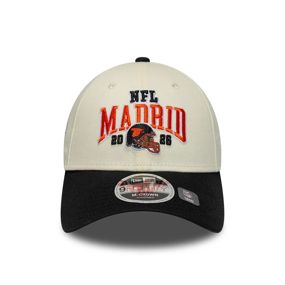 Pictured is this NFL International Series Games 2026 Madrid Cincinnati Bengals 9FORTY M-Crown cap in white & black. 2