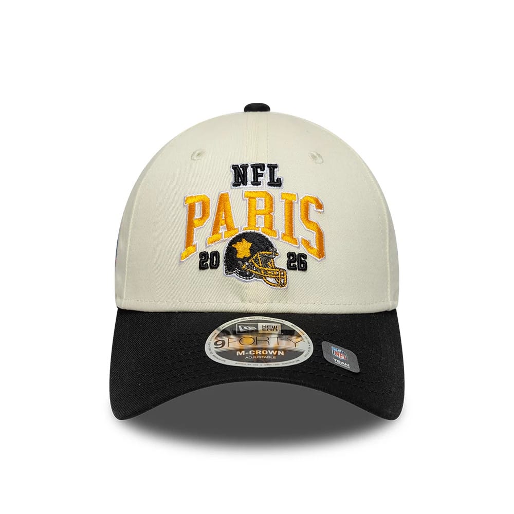 Pictured is this NFL International Series Games 2026 Paris Pittsburgh Steelers 9FORTY M-Crown cap in white & black. 2