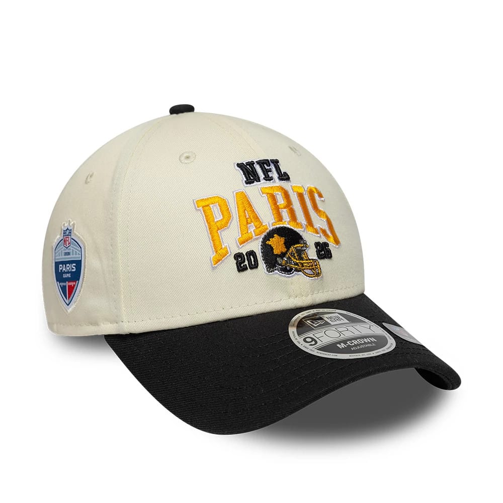 Pictured is this NFL International Series Games 2026 Paris Pittsburgh Steelers 9FORTY M-Crown cap in white & black. 1