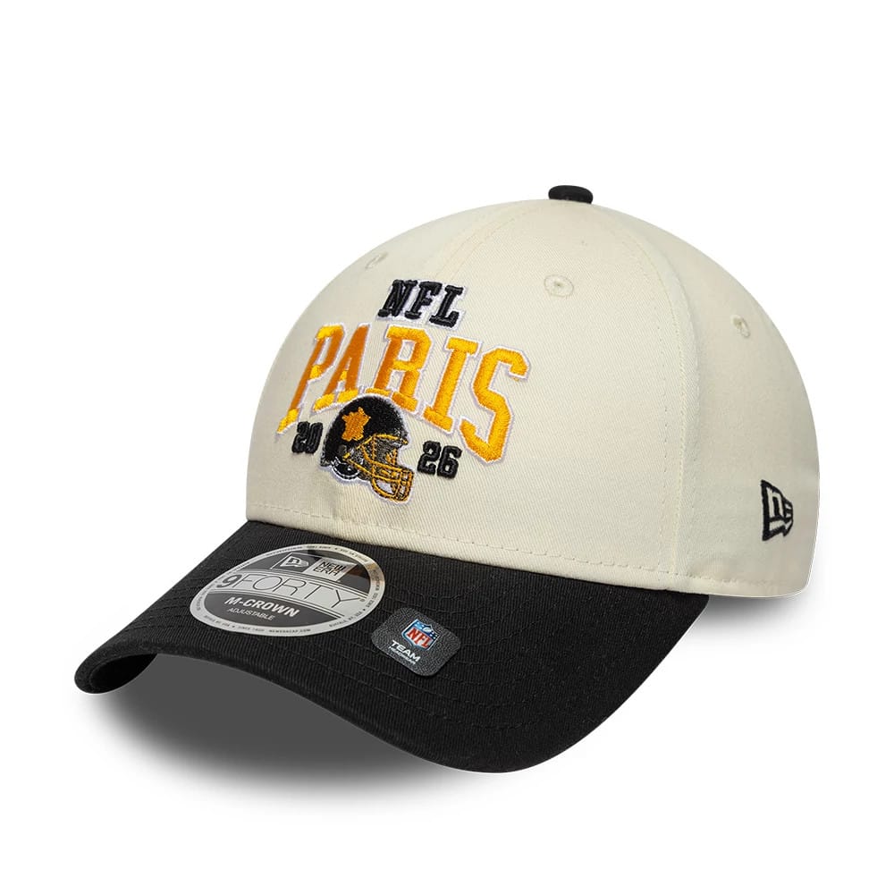 Pictured is this NFL International Series Games 2026 Paris Pittsburgh Steelers 9FORTY M-Crown cap in white & black. 3