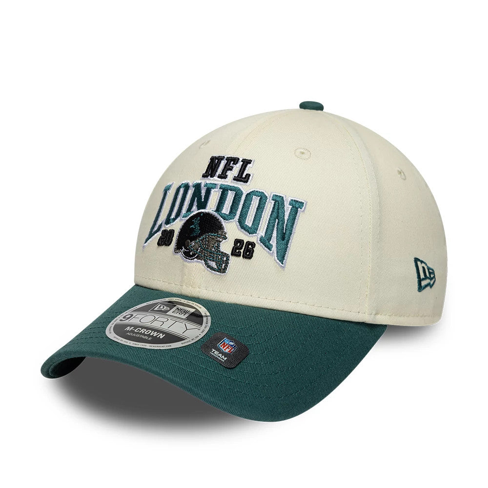 Pictured is this NFL International Games 2026 London Philadelphia Eagles 9FORTY M-Crown cap in white & dark green. 3