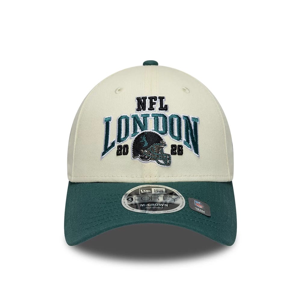 Pictured is this NFL International Series Games 2026 London Philadelphia Eagles 9FORTY M-Crown cap in white & dark green. 2