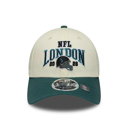 Pictured is this NFL International Series Games 2026 London Philadelphia Eagles 9FORTY M-Crown cap in white & dark green. 2