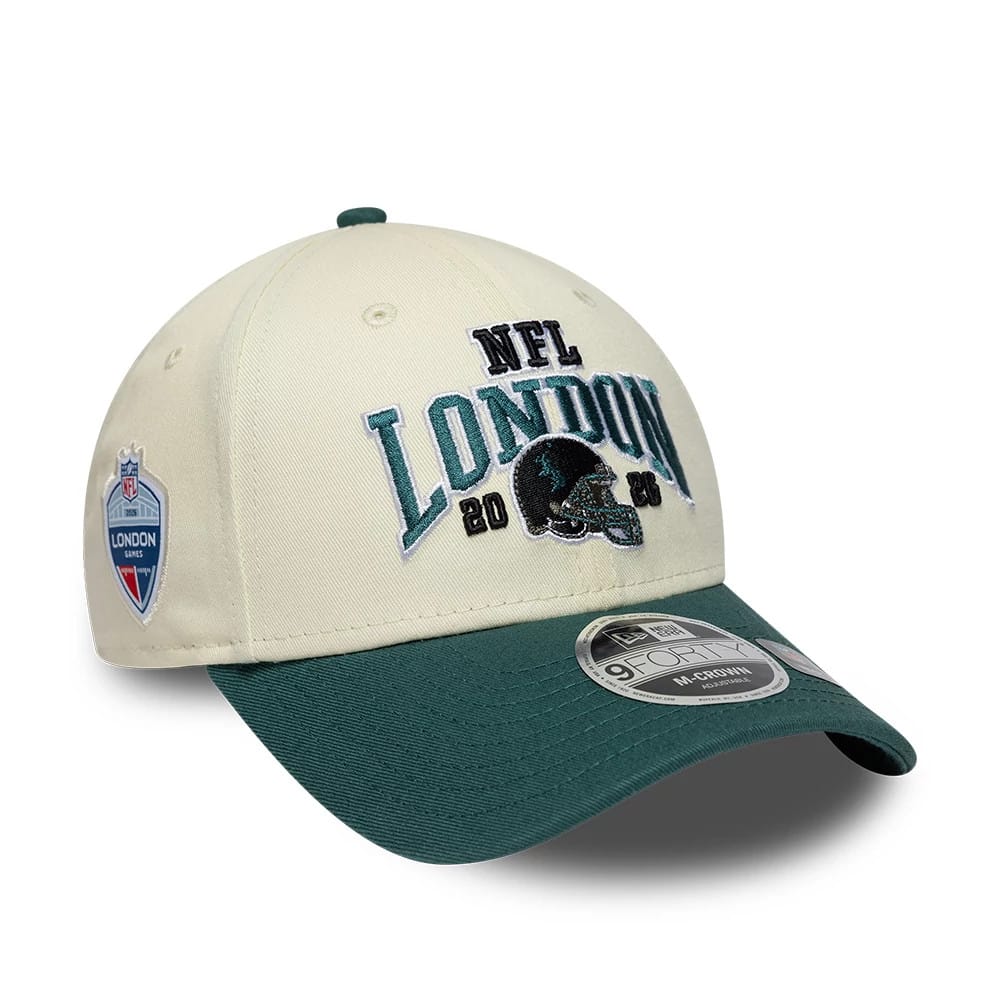 Pictured is this NFL International Series Games 2026 London Philadelphia Eagles 9FORTY M-Crown cap in white & dark green. 1