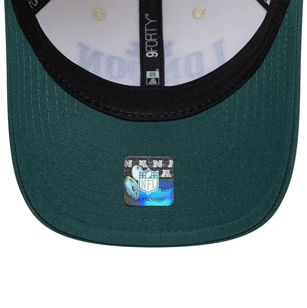 Pictured is this NFL International Games 2026 London Philadelphia Eagles 9FORTY M-Crown cap in white & dark green. 7