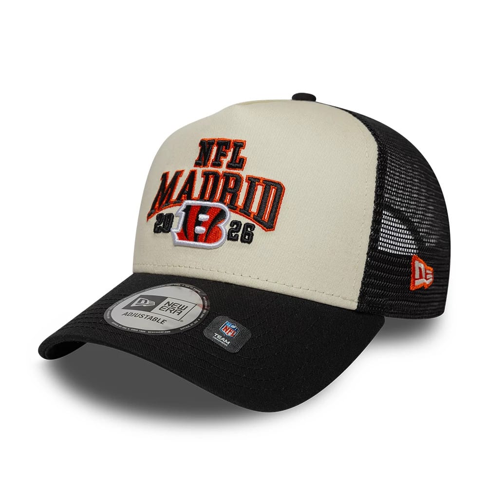 Pictured is this NFL International Series Games 2026 Madrid Cincinnati Bengals 9FORTY A-Frame Trucker cap in black. 3