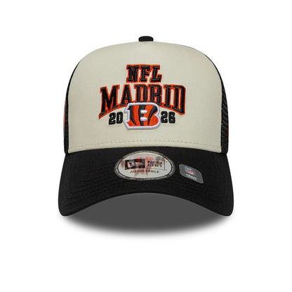 Pictured is this NFL International Series Games 2026 Madrid Cincinnati Bengals 9FORTY A-Frame Trucker cap in black. 2