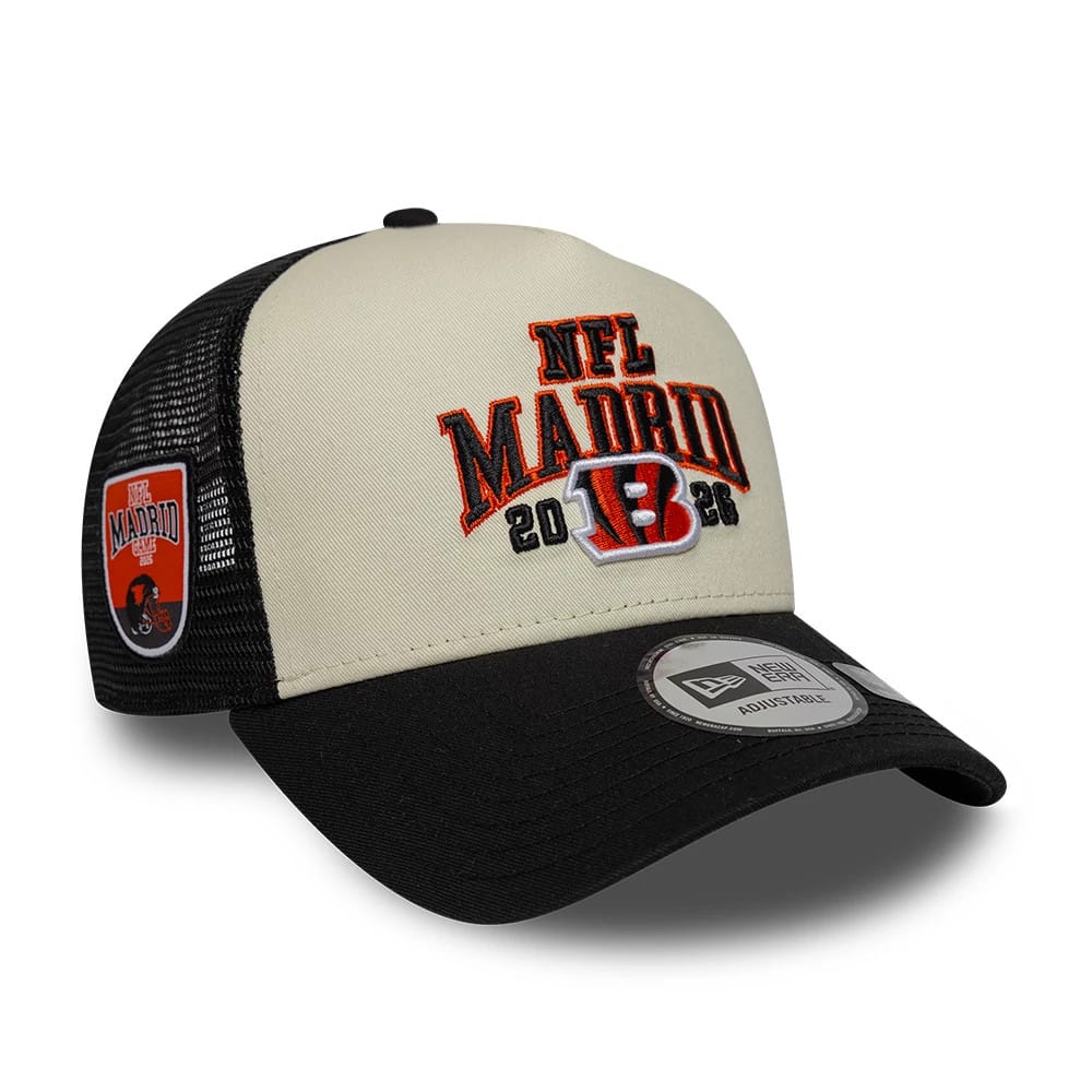 Pictured is this NFL International Series Games 2026 Madrid Cincinnati Bengals 9FORTY A-Frame Trucker cap in black. 1