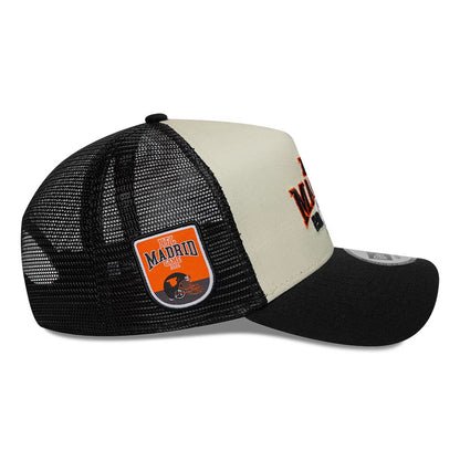 Pictured is this NFL International Games 2026 Madrid Cincinnati Bengals 9FORTY A-Frame Trucker cap in black. 5