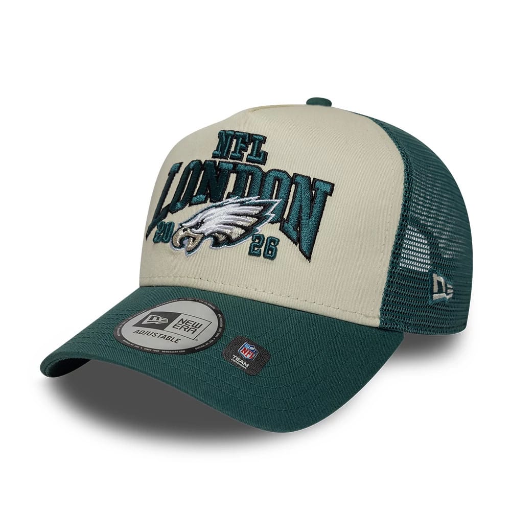 Pictured is this NFL International Series Games 2026 London Philadelphia Eagles 9FORTY A-Frame Trucker cap in dark green. 3