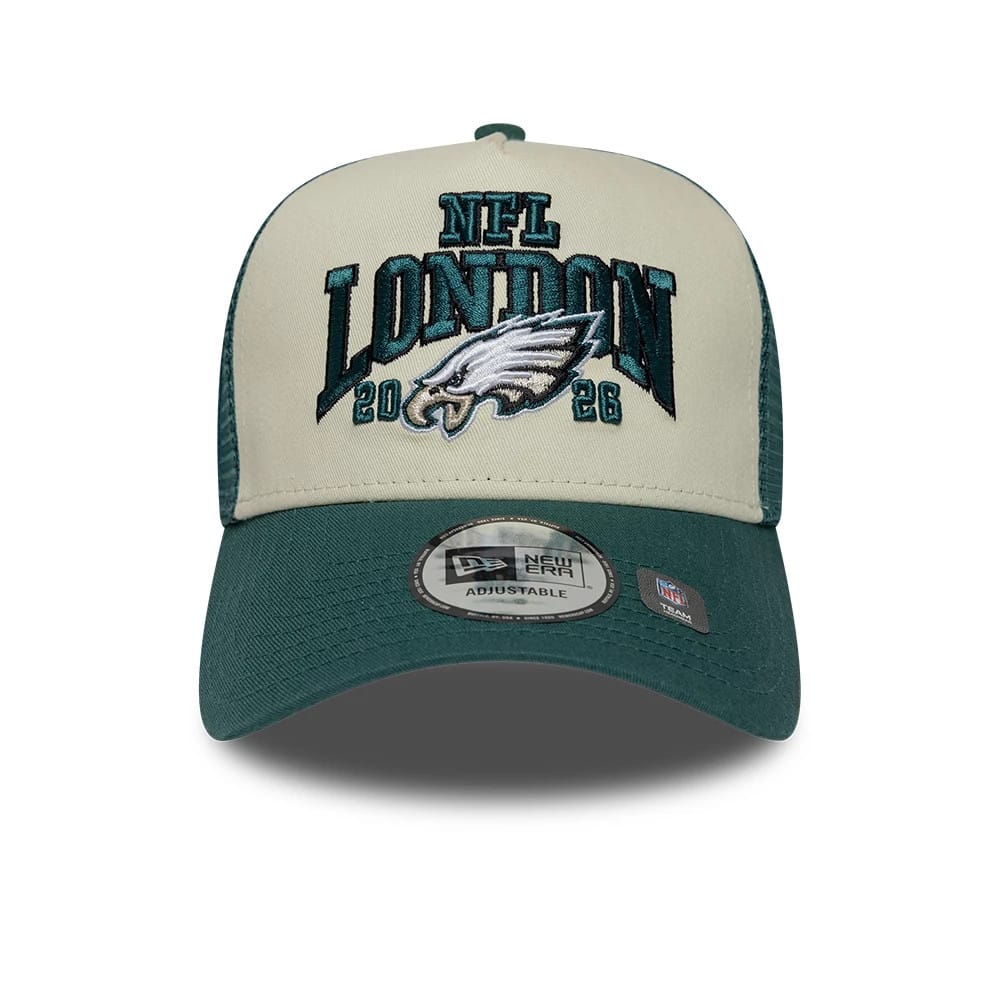 Pictured is this NFL International Series Games 2026 London Philadelphia Eagles 9FORTY A-Frame Trucker cap in dark green. 2