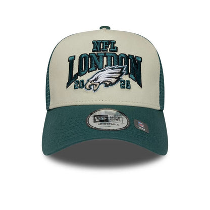 Pictured is this NFL International Series Games 2026 London Philadelphia Eagles 9FORTY A-Frame Trucker cap in dark green. 2