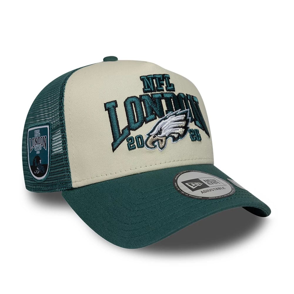Pictured is this NFL International Series Games 2026 London Philadelphia Eagles 9FORTY A-Frame Trucker cap in dark green. 1