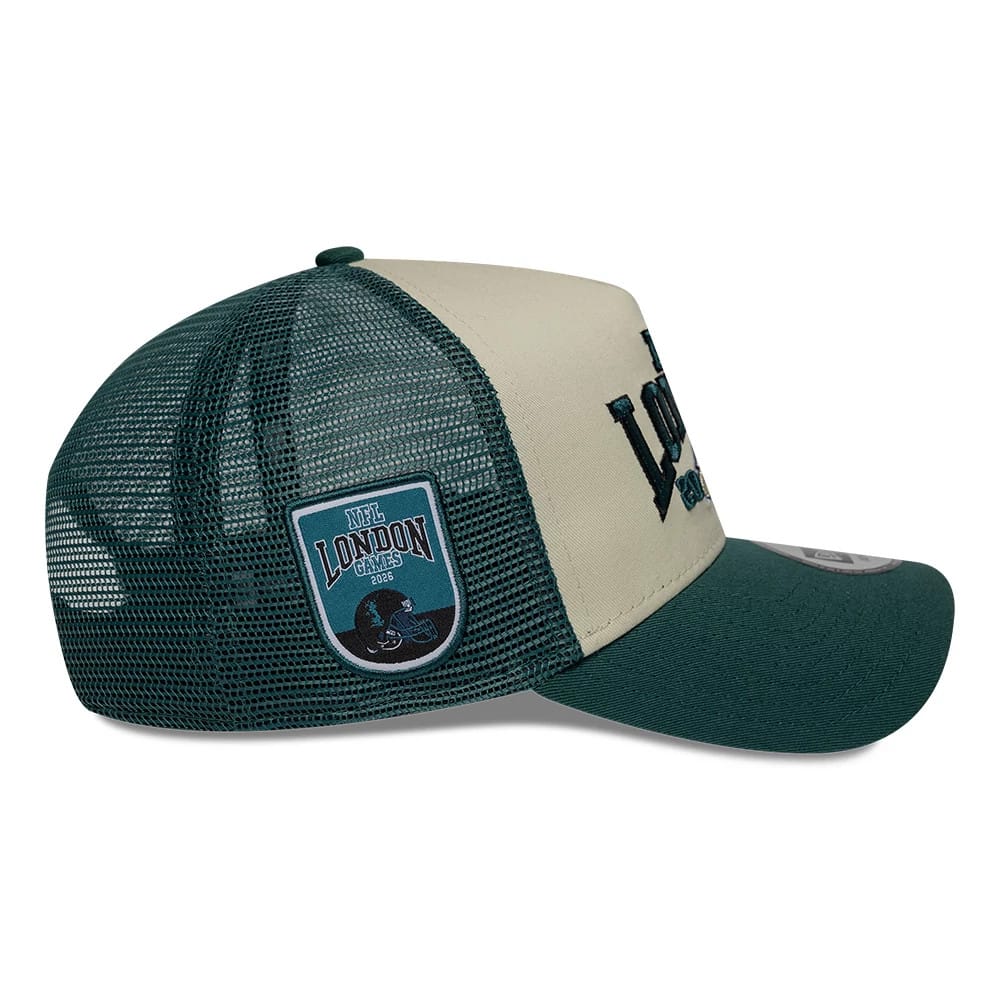 Pictured is this NFL International Series Games 2026 London Philadelphia Eagles 9FORTY A-Frame Trucker cap in dark green. 6