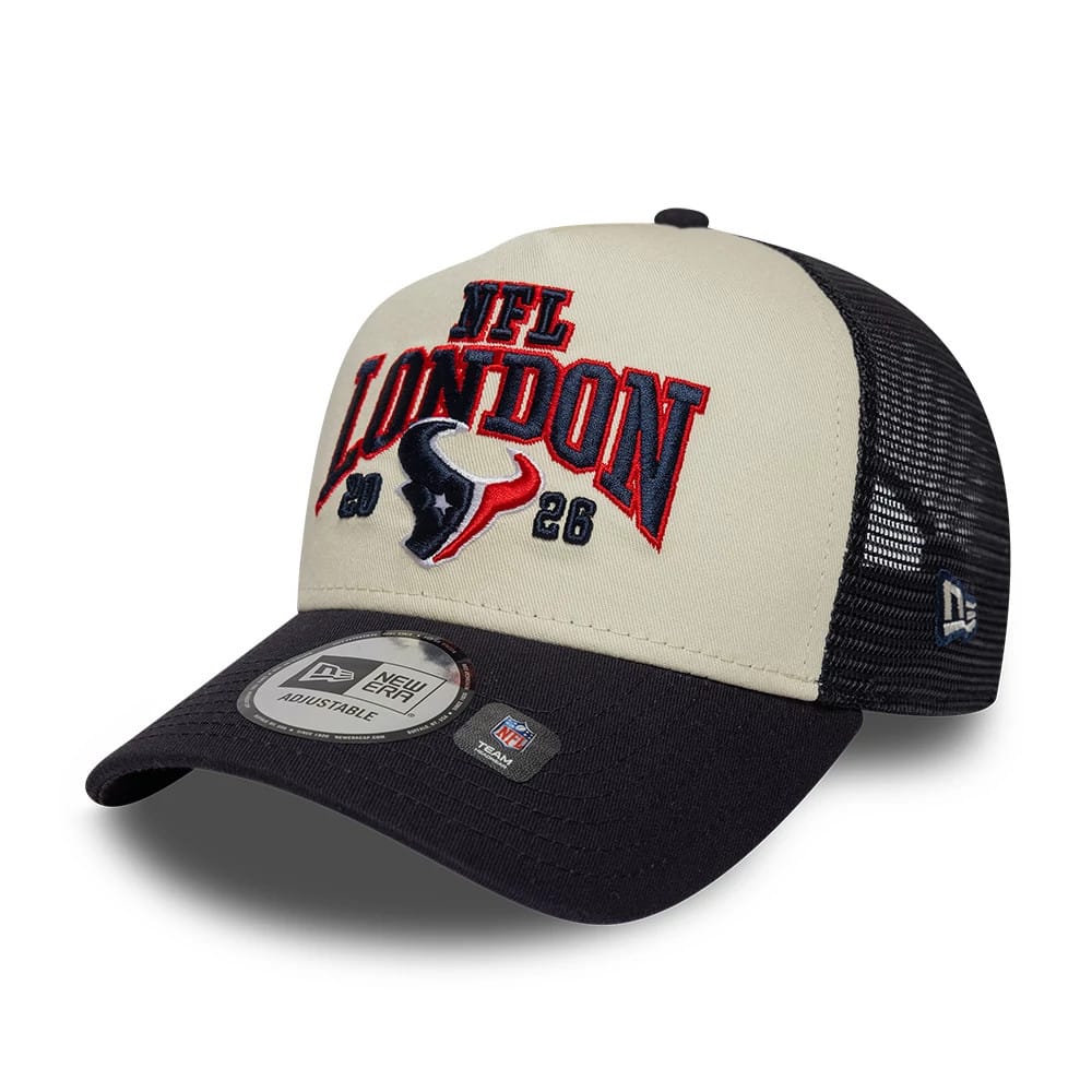 Pictured is this NFL International Series Games 2026 London Houston Texans 9FORTY A-Frame Trucker cap in navy. 3