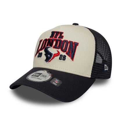 Pictured is this NFL International Series Games 2026 London Houston Texans 9FORTY A-Frame Trucker cap in navy. 3