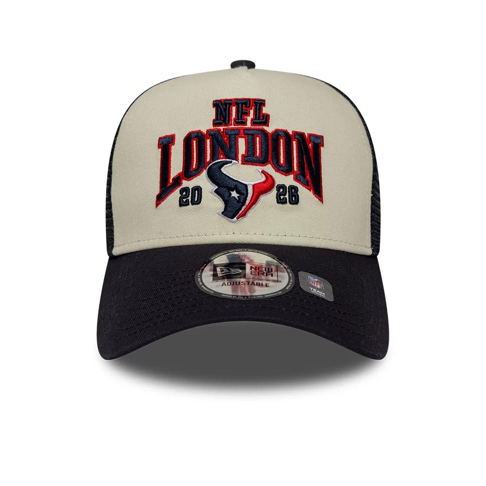 Pictured is this NFL International Series Games 2026 London Houston Texans 9FORTY A-Frame Trucker cap in navy. 2