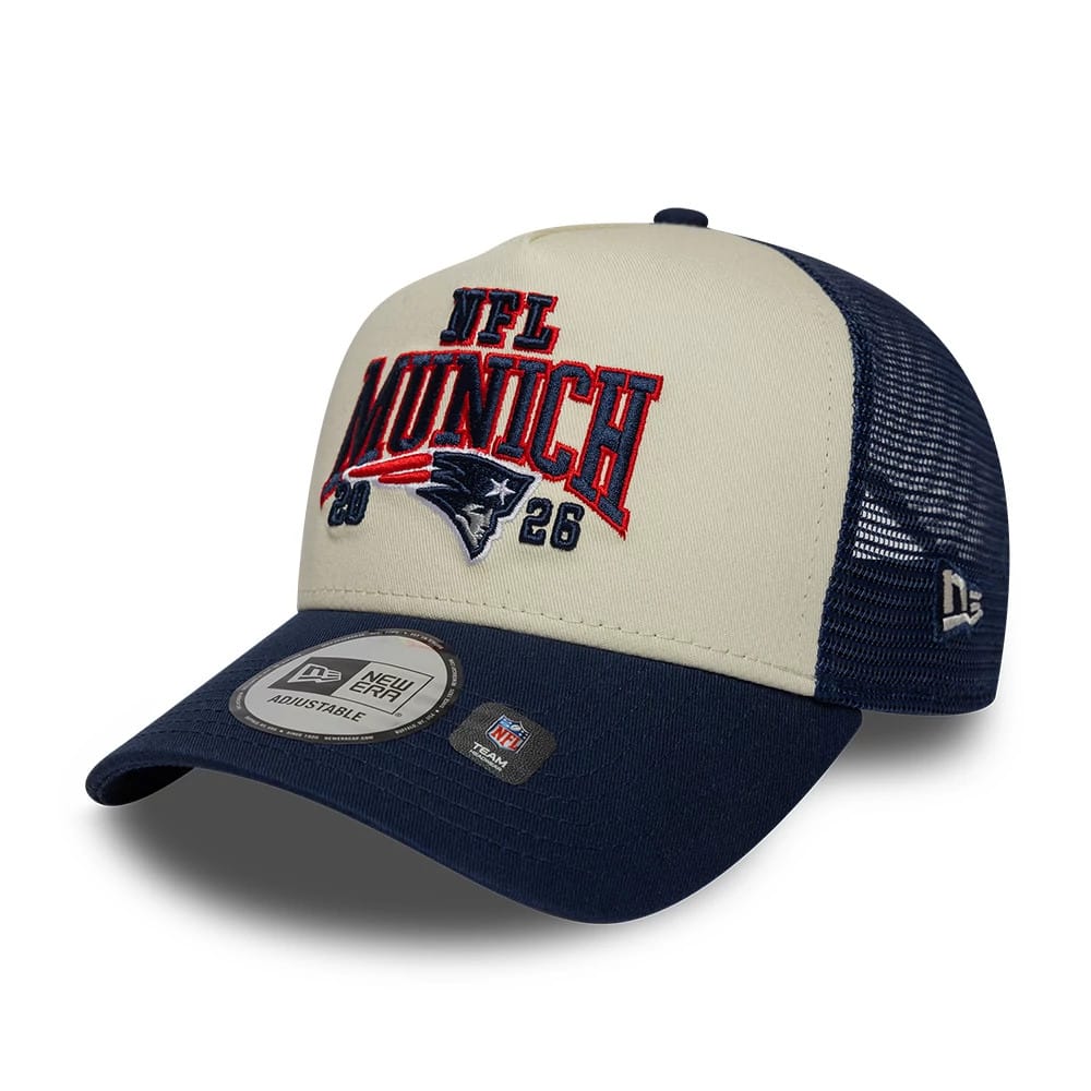 Pictured is this NFL International Series Games 2026 Munich New England Patriots 9FORTY A-Frame Trucker cap in dark blue. 3