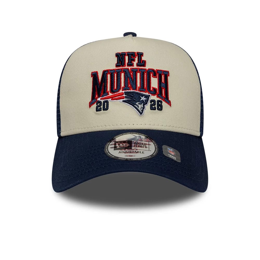 Pictured is this NFL International Series Games 2026 Munich New England Patriots 9FORTY A-Frame Trucker cap in dark blue. 2