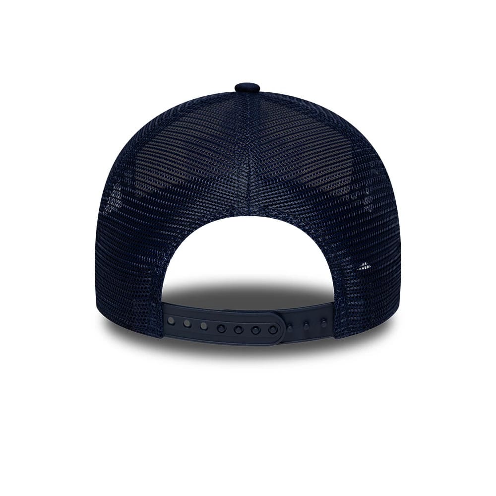 Pictured is this NFL International Series Games 2026 Munich New England Patriots 9FORTY A-Frame Trucker cap in dark blue. 5