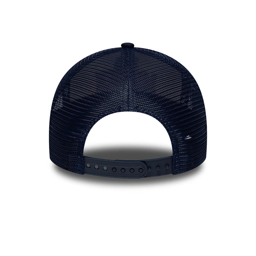Pictured is this NFL International Games 2026 Munich New England Patriots 9FORTY A-Frame Trucker cap in dark blue. 5