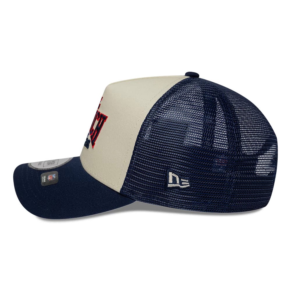 Pictured is this NFL International Series Games 2026 Munich New England Patriots 9FORTY A-Frame Trucker cap in dark blue. 4