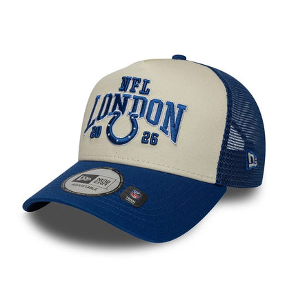 Pictured is this NFL International Series Games 2026 London Indianapolis Colts 9FORTY A-Frame Trucker cap in blue. 3