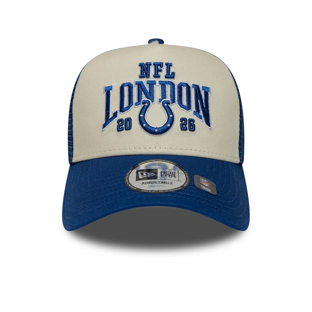 Pictured is this NFL International Series Games 2026 London Indianapolis Colts 9FORTY A-Frame Trucker cap in blue. 2