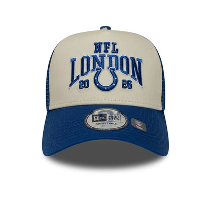 Pictured is this NFL International Games 2026 London Indianapolis Colts 9FORTY A-Frame Trucker cap in blue. 2