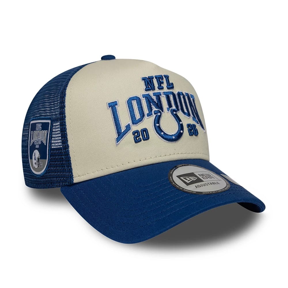 Pictured is this NFL International Series Games 2026 London Indianapolis Colts 9FORTY A-Frame Trucker cap in blue. 1