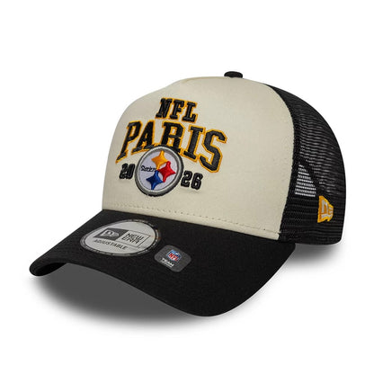 Pictured is this NFL International Series Games 2026 Paris Pittsburgh Steelers 9FORTY A-Frame Trucker cap in black. 3