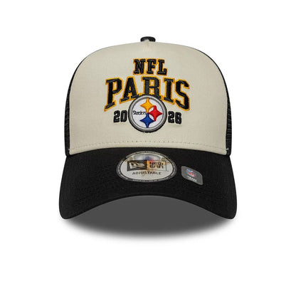 Pictured is this NFL International Series Games 2026 Paris Pittsburgh Steelers 9FORTY A-Frame Trucker cap in black. 2