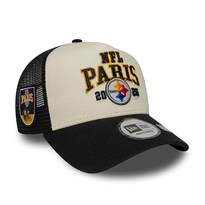 Pictured is this NFL International Series Games 2026 Paris Pittsburgh Steelers 9FORTY A-Frame Trucker cap in black. 1