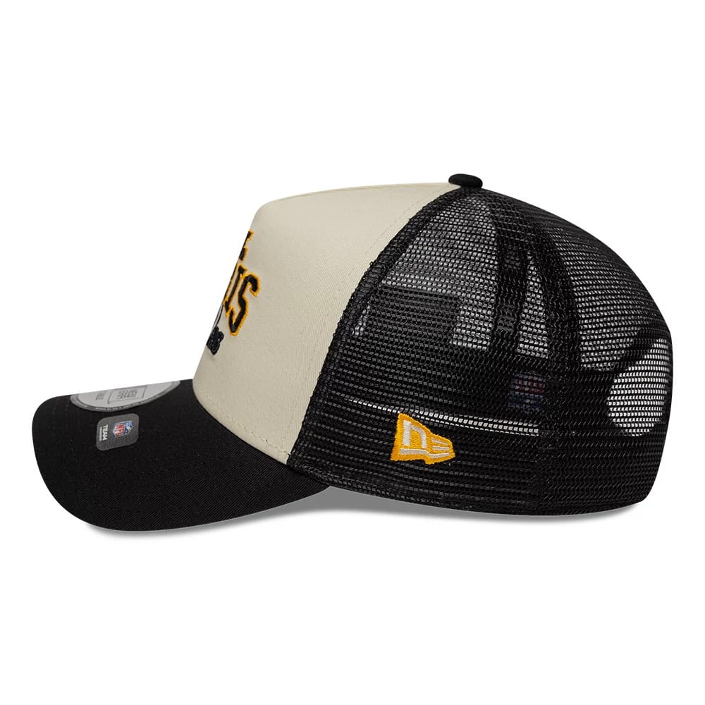 Pictured is this NFL International Series Games 2026 Paris Pittsburgh Steelers 9FORTY A-Frame Trucker cap in black. 4