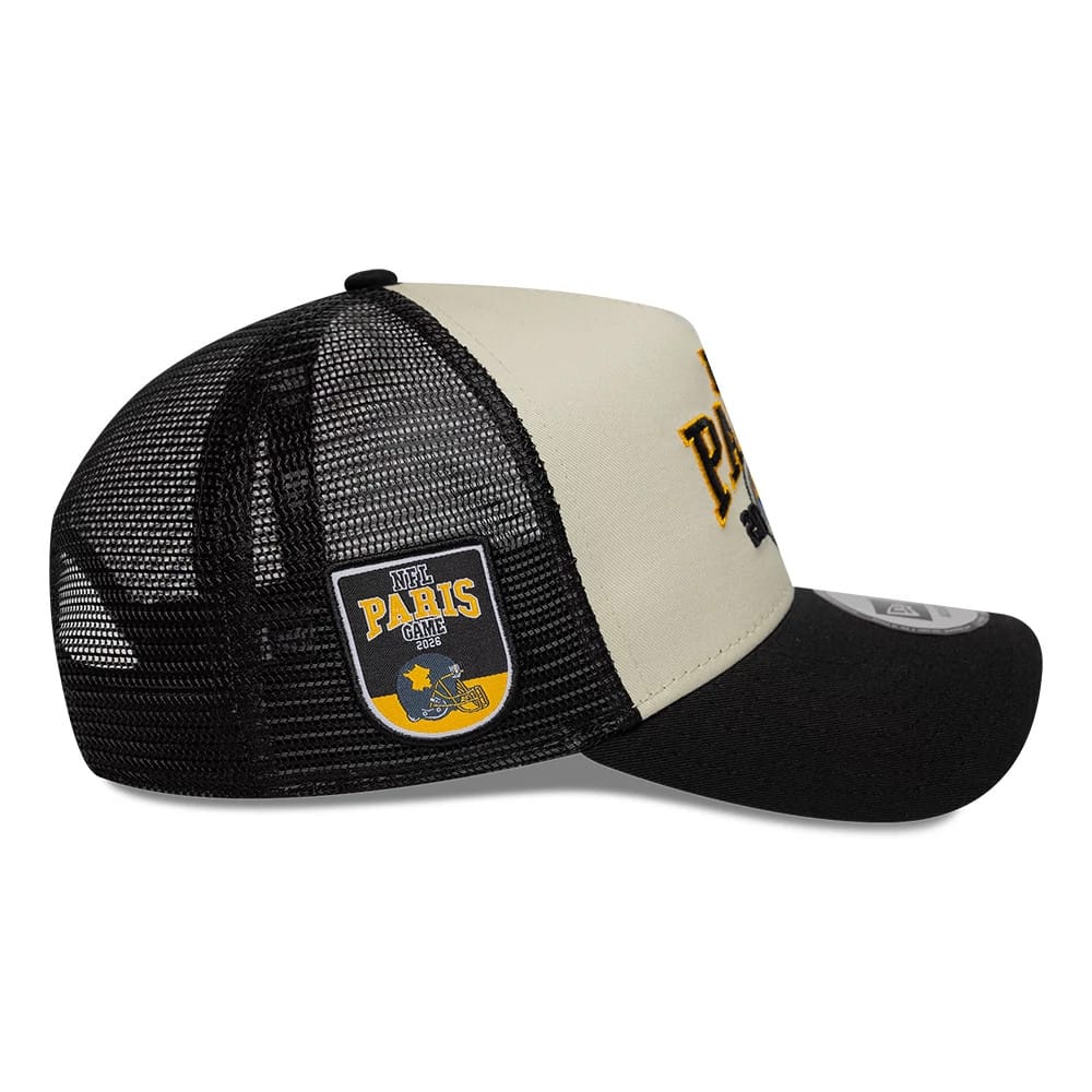 Pictured is this NFL International Series Games 2026 Paris Pittsburgh Steelers 9FORTY A-Frame Trucker cap in black. 6
