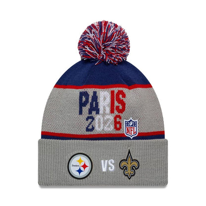 Pictured is this NFL International Series Games 2026 Paris Pittsburgh Steelers VS New Orleans Saints Dueling Logos Cuff Knit Beanie hat in grey. 1