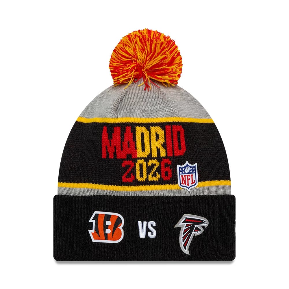 Pictured is this NFL International Series Games 2026 Madrid Cincinnati Bengals VS Atlanta Falcons Dueling Logos Cuff Knit Beanie hat in black. 1