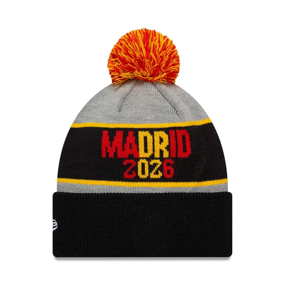 Pictured is this NFL International Series Games 2026 Madrid Cincinnati Bengals VS Atlanta Falcons Dueling Logos Cuff Knit Beanie hat in black. 2