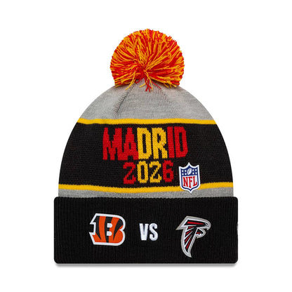 Pictured is this NFL International Games 2026 Madrid Cincinnati Bengals VS Atlanta Falcons Dueling Logos Cuff Knit Beanie hat in black. 1