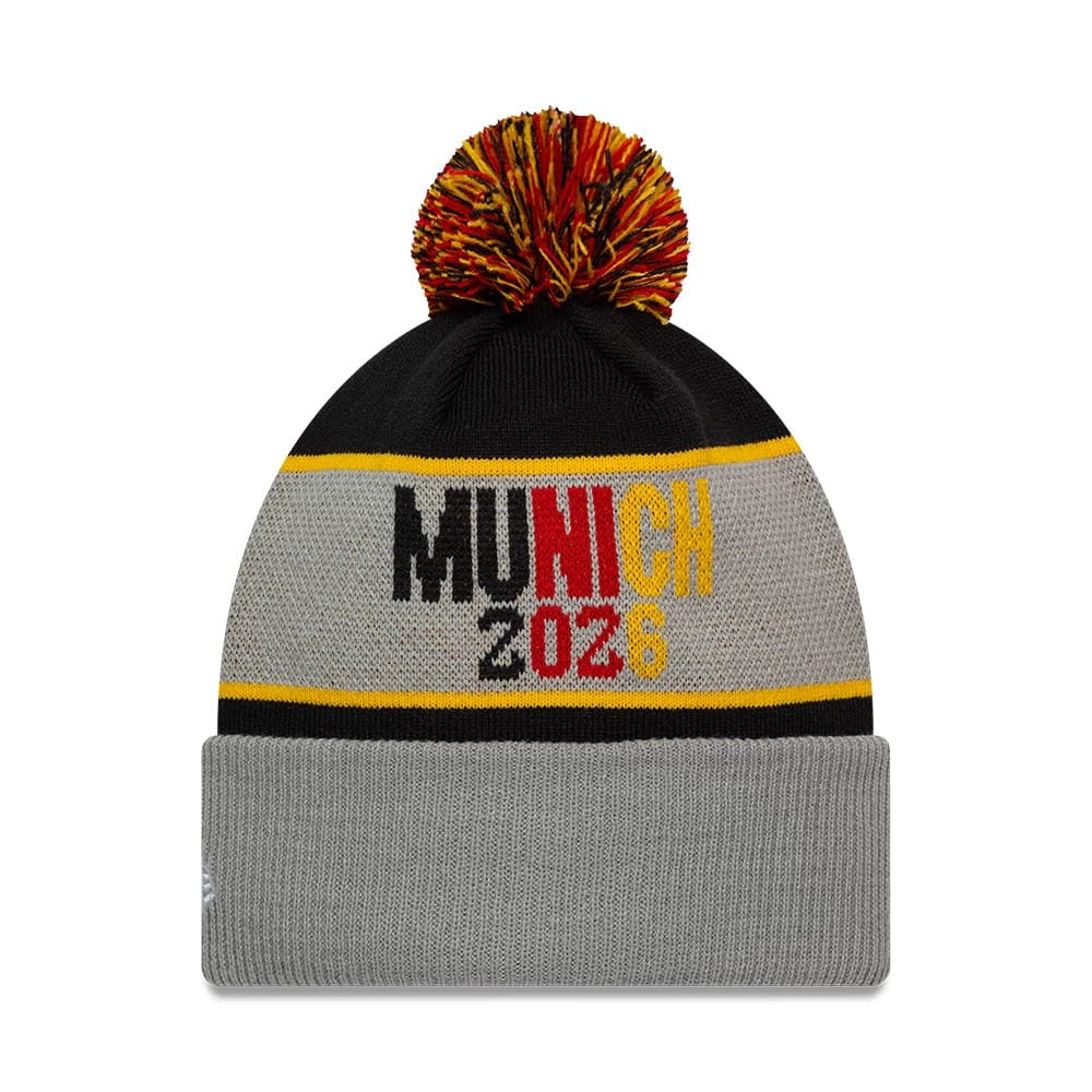 Pictured is this NFL International Series Games 2026 Munich New England Patriots VS Detroit Lions Dueling Logos Cuff Knit Beanie hat in grey. 2
