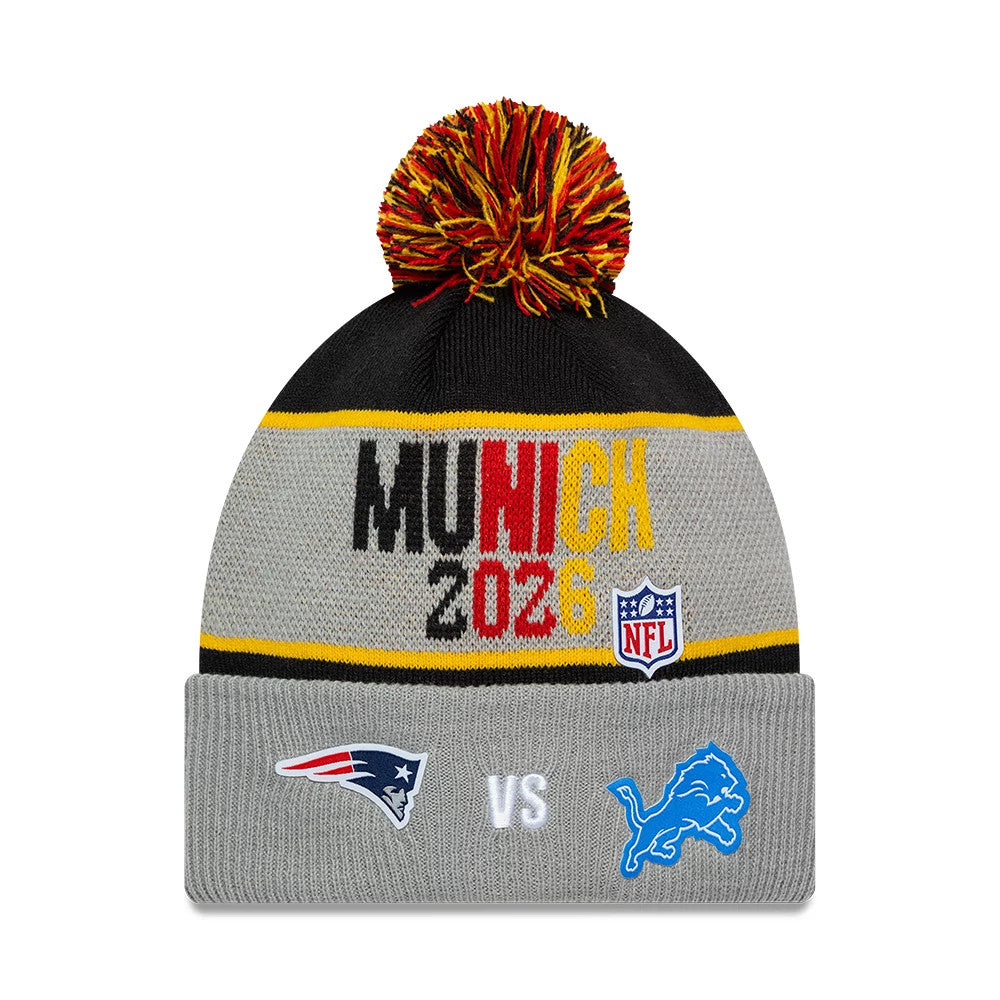 Pictured is this NFL International Games 2026 Munich New England Patriots VS Detroit Lions Dueling Logos Cuff Knit Beanie hat in grey. 1