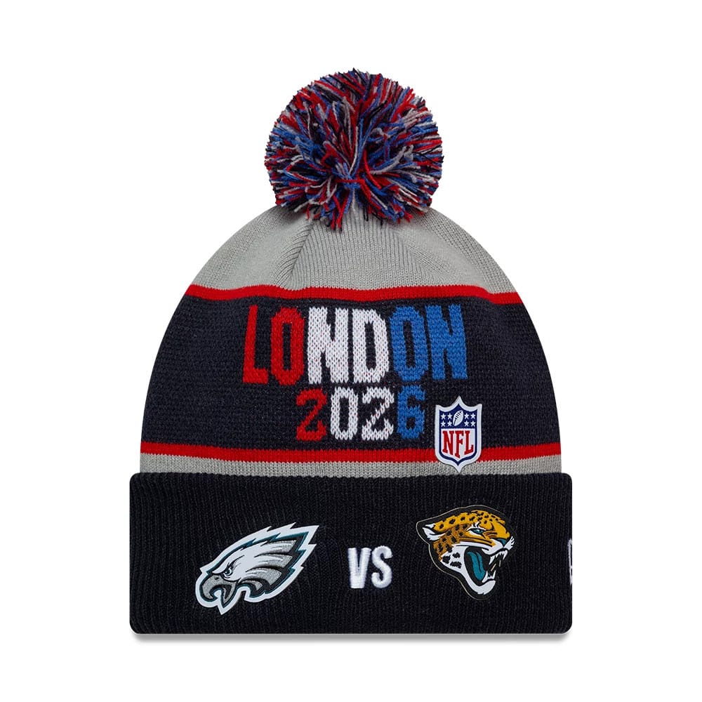 Pictured is this NFL International Series Games 2026 London Philadelphia Eagles VS Jacksonville Jaguars Dueling Logos Cuff Knit Beanie hat in navy. 1
