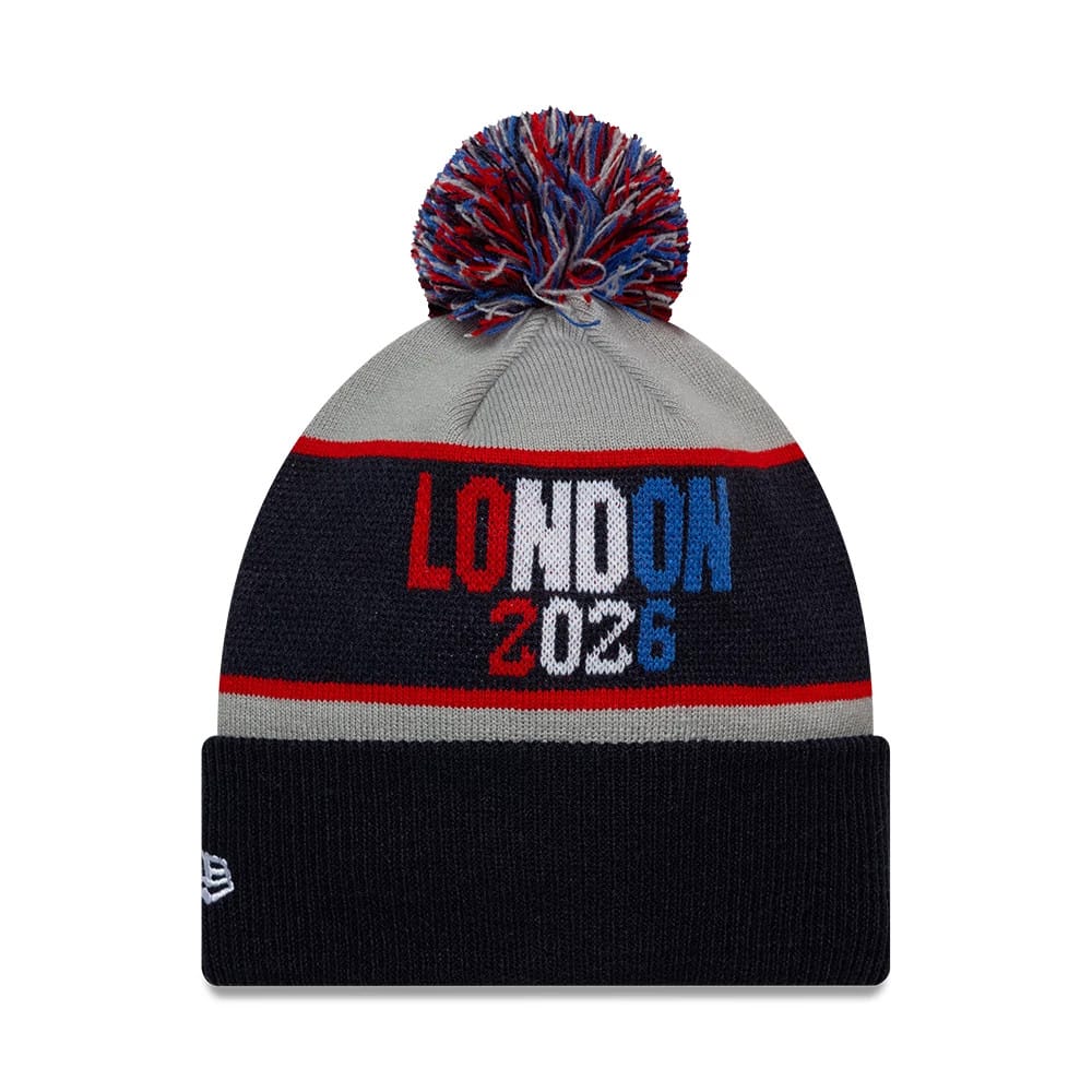 Pictured is this NFL International Series Games 2026 London Philadelphia Eagles VS Jacksonville Jaguars Dueling Logos Cuff Knit Beanie hat in navy. 2