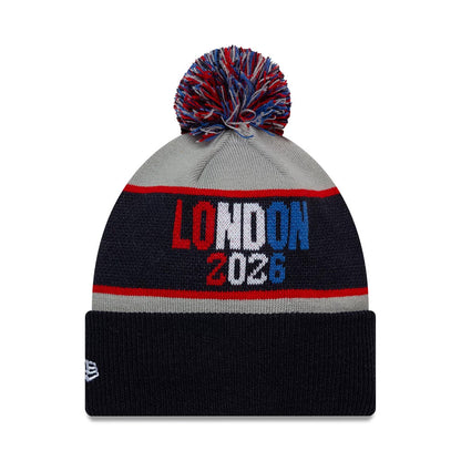 Pictured is this NFL International Games 2026 London Philadelphia Eagles VS Jacksonville Jaguars Dueling Logos Cuff Knit Beanie hat in navy. 2
