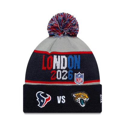 Pictured is this NFL International Series Games 2026 London Houston Texans VS Jacksonville Jaguars Dueling Logos Cuff Knit Beanie hat in navy. 1