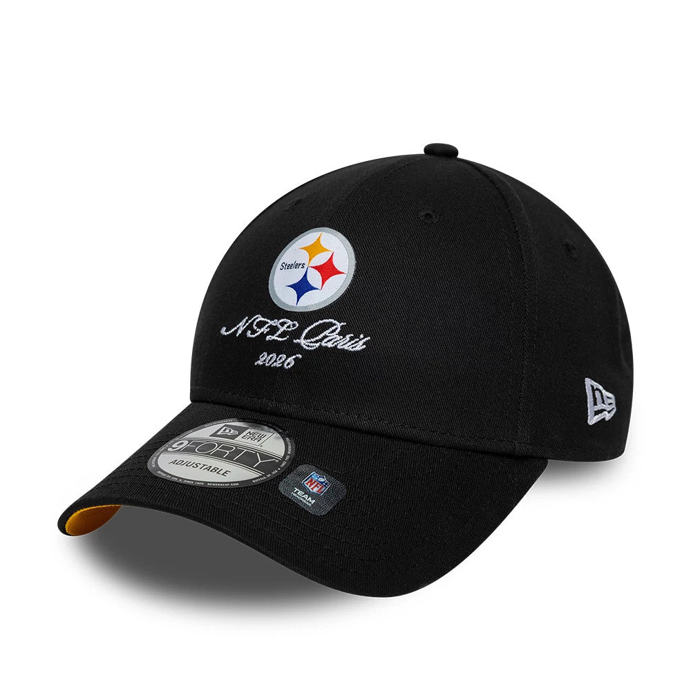 Pictured is this NFL International Series Games 2026 Paris Pittsburgh Steelers 9FORTY cap in black. 4