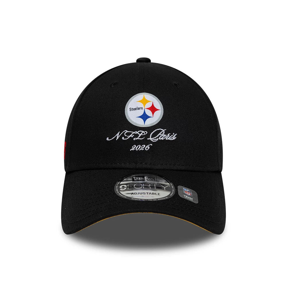 Pictured is this NFL International Series Games 2026 Paris Pittsburgh Steelers 9FORTY cap in black. 3