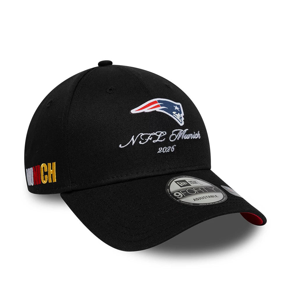 Pictured is this NFL International Games 2026 Munich New England Patriots 9FORTY cap in black. 1